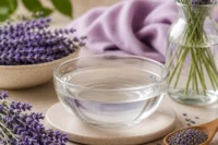 Bowl of lavender floral water amongst bunches of lavender flowers