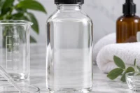 Acetic acid in clear glass bottle with lab beaker and pump bottle